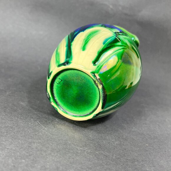 Antique Awaji Pottery Blue White Iris Green Pitcher Awaji Ware Glazed Japan - Picture 6 of 16